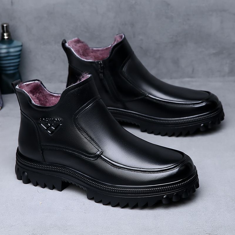 冬季棉鞋男头层牛皮厚底短靴男士羊皮毛一体加厚棉鞋男款真皮靴子