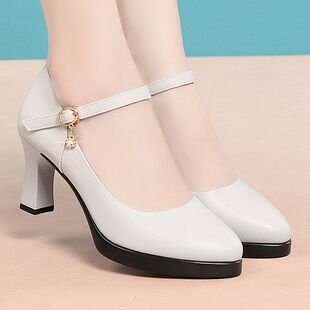 春夏款软底一字扣高跟防水台走秀配旗袍跳舞单鞋中年妈妈鞋皮鞋女