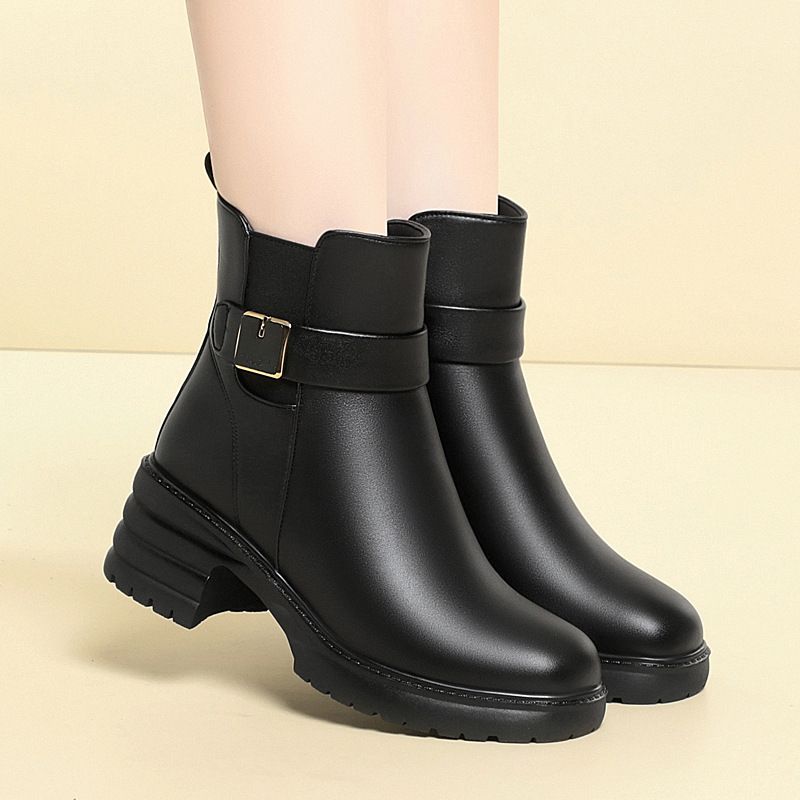 棉鞋软皮短靴女加厚中老年妈妈鞋羊毛粗跟防滑大码女靴子冬季