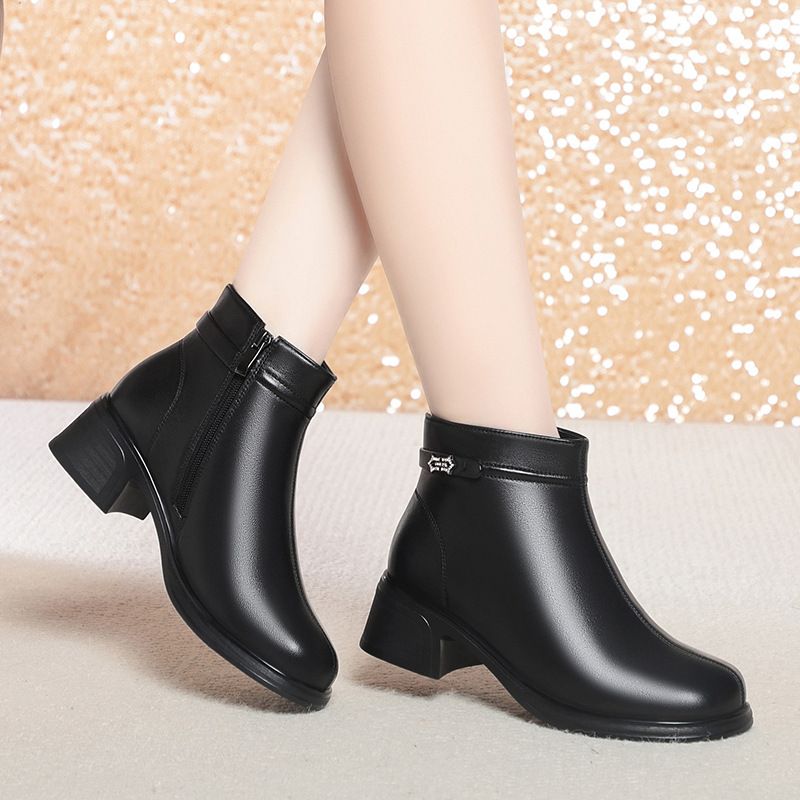 大码粗跟短靴中老年棉靴软皮棉鞋女妈妈皮鞋冬季女靴简约高级