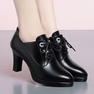 高跟鞋防水台韩版粗跟宽脚增高色女鞋春款单鞋中年皮鞋夏工作鞋
