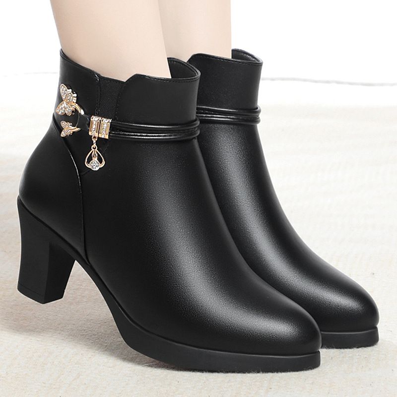 妈妈鞋秋冬款皮鞋新款中跟短靴锥形跟时装靴子中老年保暖棉鞋