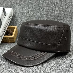 新款皮帽子中老年男士户外简约鸭舌挡风保暖山皮质平顶军