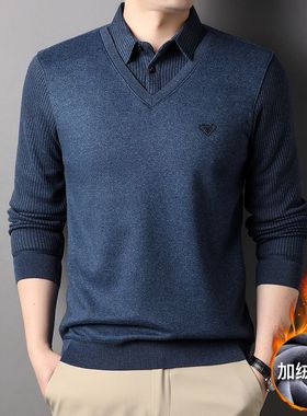 中年PO衫假两件毛衣男针织衫中年长袖t恤冬款加厚保暖外穿