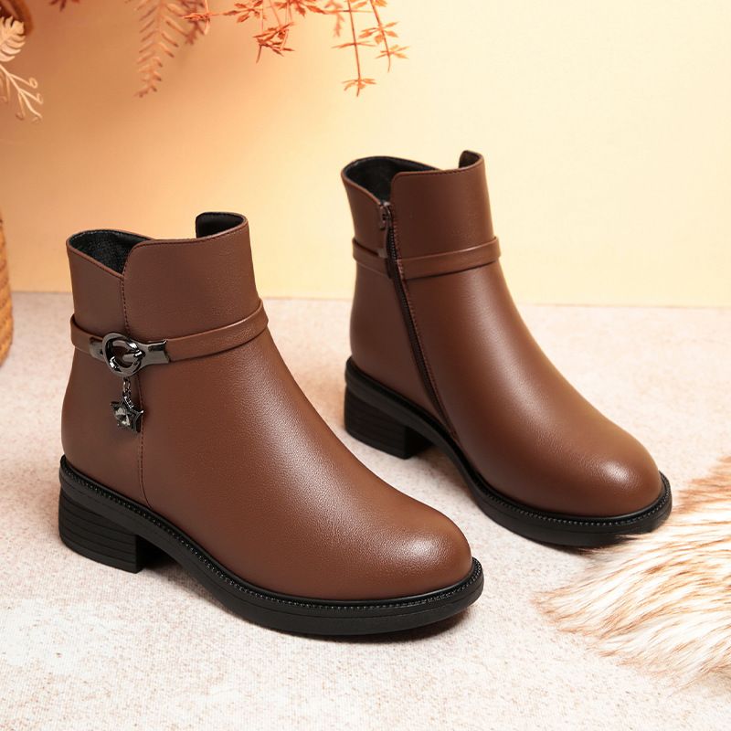 简约高级妈妈鞋棉鞋女软底短靴中跟皮鞋保暖百搭中老年女靴子