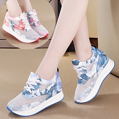 夏天内增高透气显瘦镂空坡跟网鞋