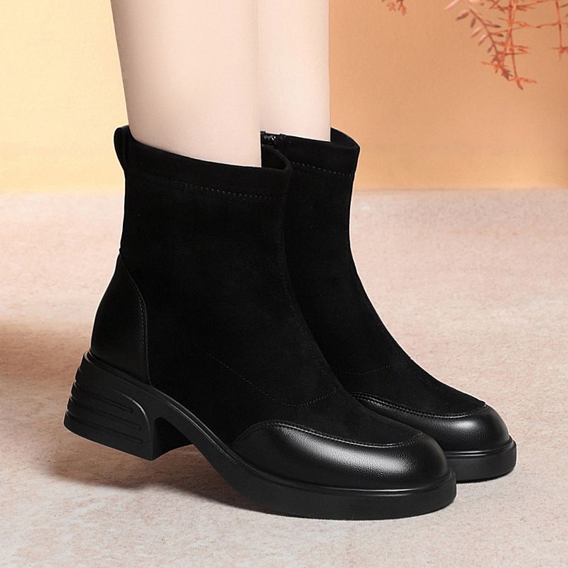 简约高级黑色厚底马丁靴女拼接圆头短靴粗跟棉鞋秋冬瘦瘦靴子