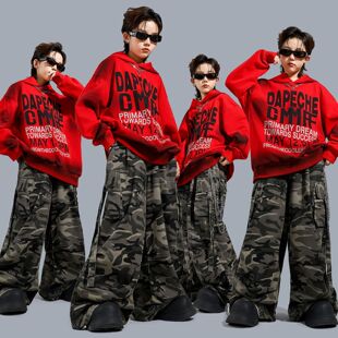 街舞演出服少儿hiphop红色连帽卫衣套装酷帅男童嘻哈童装