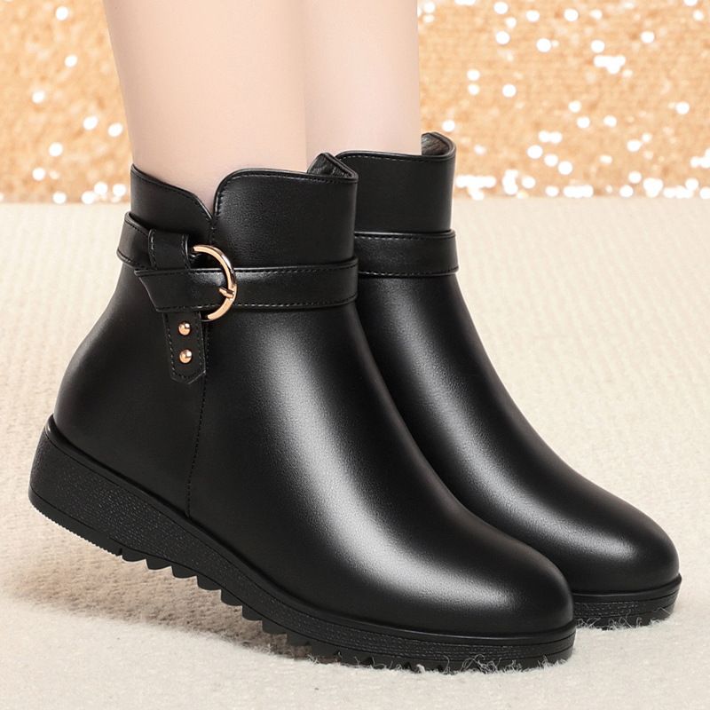 简约高级冬季新款短靴女加厚保暖女靴粗跟软底中老年妈妈棉鞋