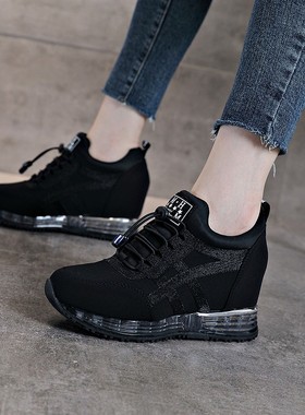 显脚小老爹鞋女超火ins潮内增高平底运动休闲鞋厚底全黑色跑步鞋