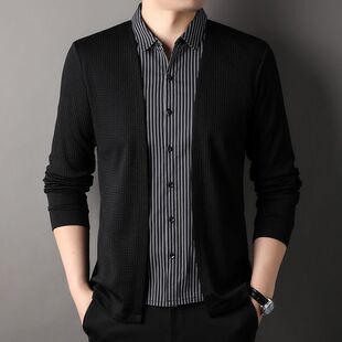 男士假两件针织衫2026春季新款时尚开衫衬衫领毛衣外套男款两件套