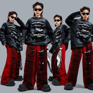 街舞潮服酷帅男童嘻哈破洞卫衣套装潮酷旦少儿hiphop演出服