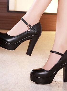 圆头12CM高跟单鞋粗跟模特旗袍走秀鞋大码43小码32职业工作鞋女