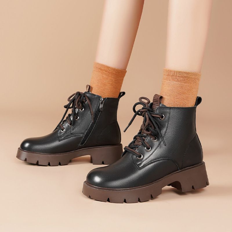 东北棉鞋黑色舒适马丁靴女款秋冬新款女鞋英伦风短靴羊毛厚底靴子