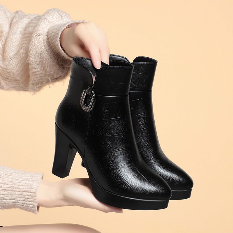 高跟短靴女新款时装靴子配裙子秋冬款皮鞋女鞋妈妈鞋子皮棉鞋