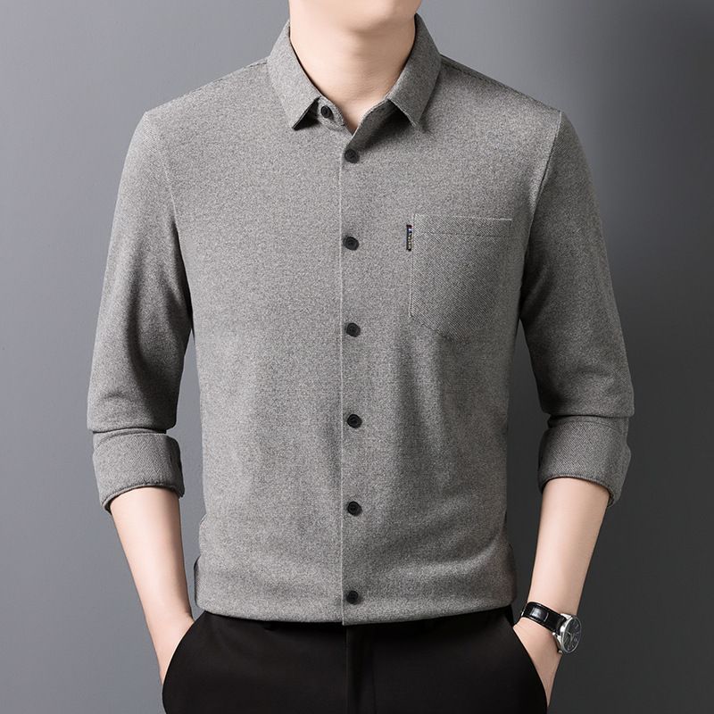 男式新款含羊毛桑蚕丝长袖衬衣中年色休闲时尚衬衫简洁上衣男潮