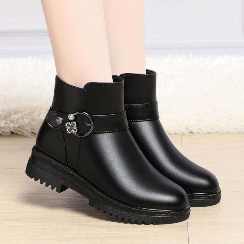 妈妈鞋冬季棉鞋软皮短靴中年女鞋羊毛保暖防滑中老年女士中跟