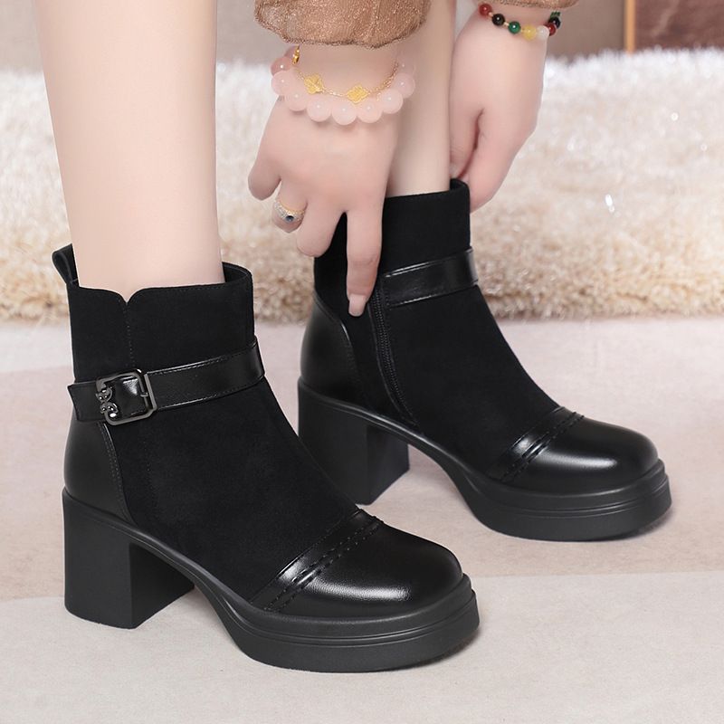 简约高级妈妈瘦瘦靴子马丁靴粗跟厚底短靴女春秋单靴冬季棉鞋