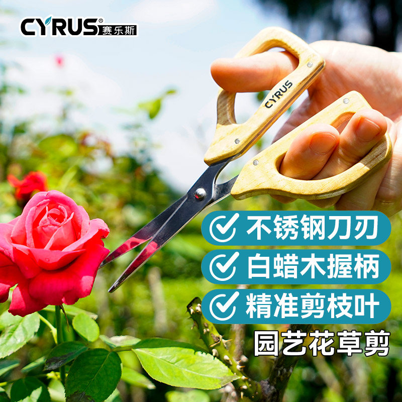 CYRUS赛乐斯园艺花草剪刀家用不锈钢实木柄盆栽修枝花艺插花工具