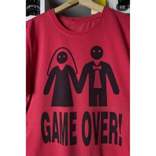 美式趣味结婚印花短袖男女 GAME OVER 婚礼搞怪文字酒红色T恤夏季