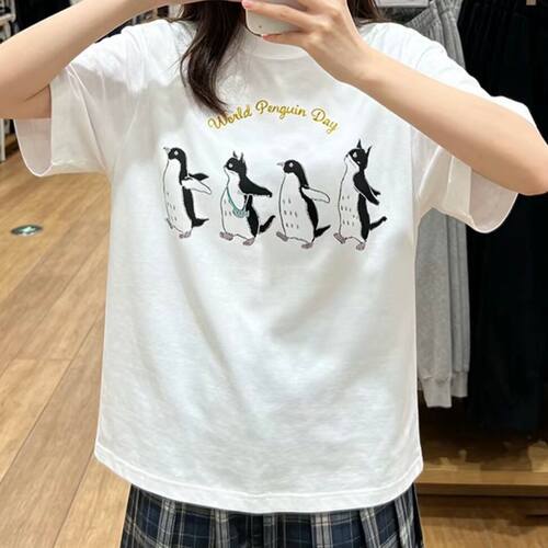 小猫企鹅排排队夏季纯棉卡通通勤日常t印花趣味可爱情侣短袖上衣