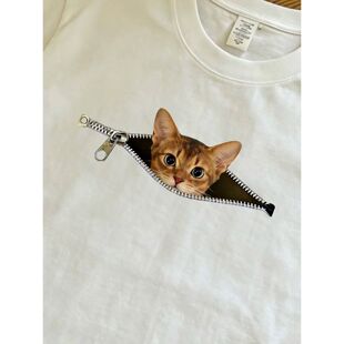 可爱拉链阿比西尼亚猫咪印花重磅纯棉宽松短袖T恤夏季情侣装上衣