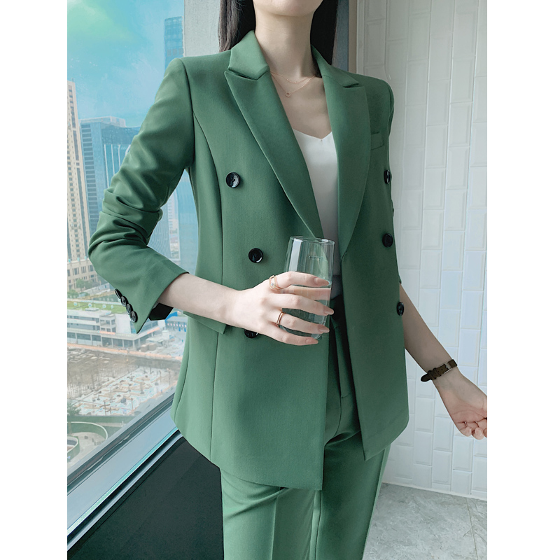 绿色休闲西装套装女高级感小个子春秋时尚职业气质高端大牌工作服