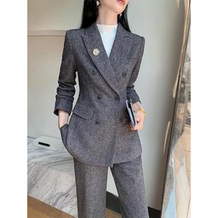 羊毛呢西装套装女高级感秋冬加厚阔腿裤气质职业休闲西服外套灰色