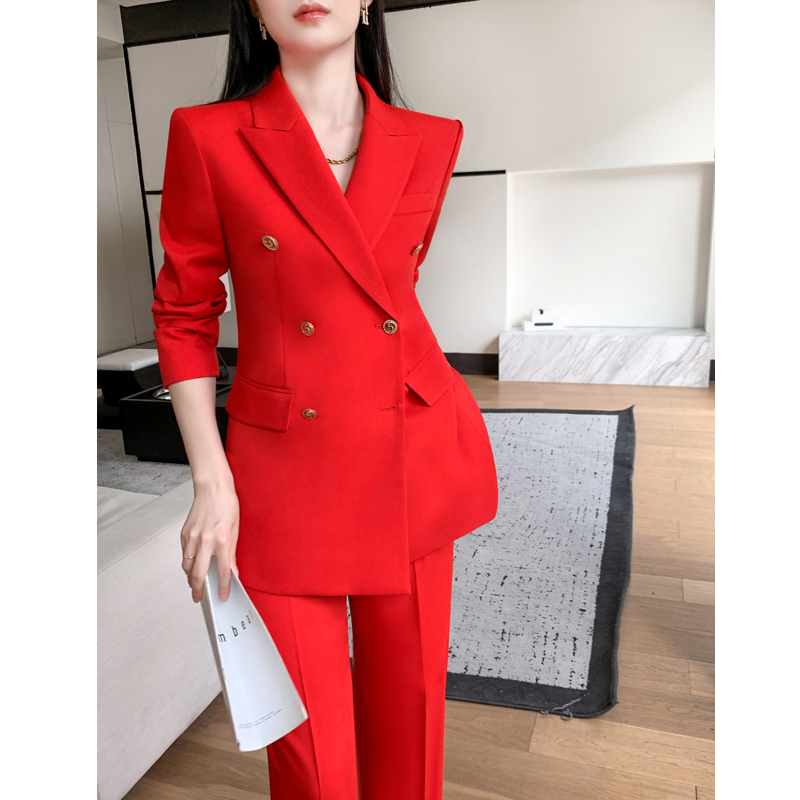 红色西装套装女2025春季新款高级感职业装时尚气质阔腿裤休闲西服