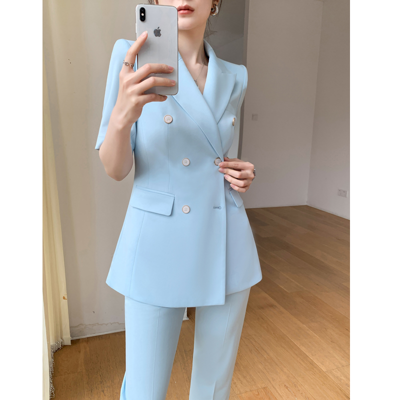 蓝色夏季西装套装女薄款高级感职业九分裤短袖小个子休闲西服外套