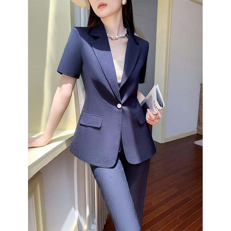藏青色夏天西装套装女薄款短袖高级感职业气质阔腿裤休闲西服外套