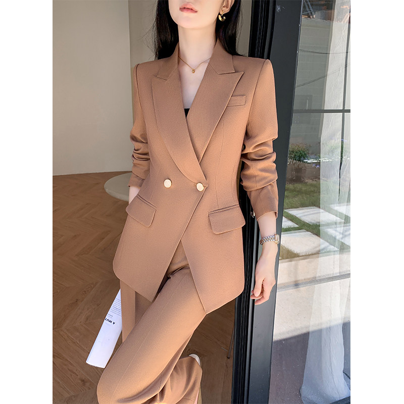 驼色休闲西装套装女春秋高级感阔腿裤职业正装气质时尚西服两件套