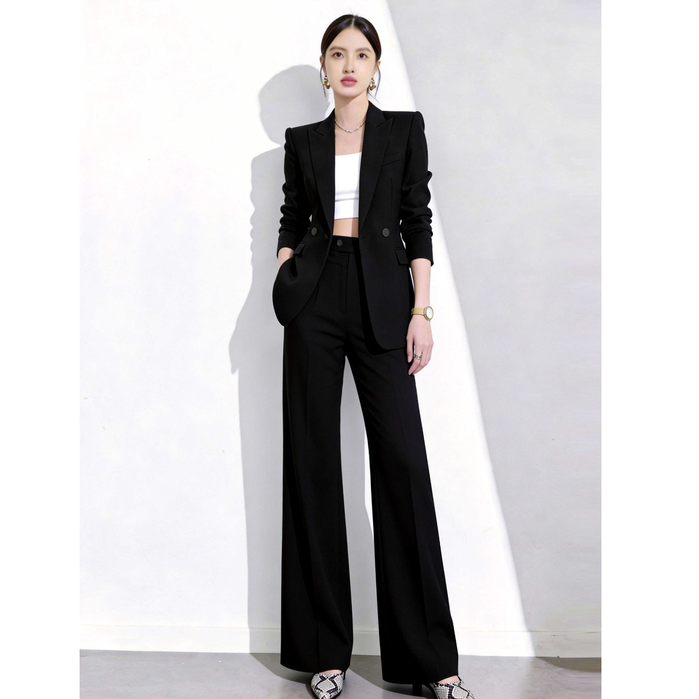 黑色西装套装女夏薄款长袖高级感职业正装阔腿裤通勤商务休闲外套