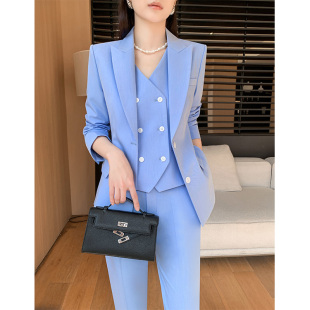 小个子高级感职业正装 女2025春秋新款 马甲工作服 套装 蓝色休闲西装