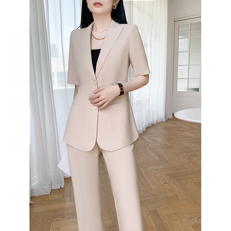 阔腿裤西装套装女高级感夏薄款2025新款职业时尚气质米色休闲西服
