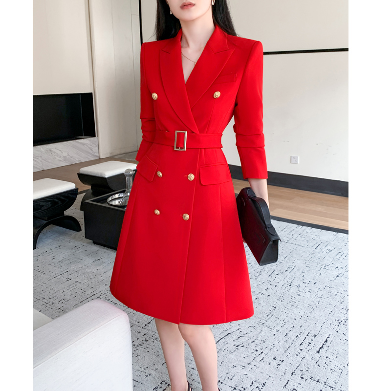 高端轻奢红色西装连衣裙女春秋高级感时尚修身通勤干练职业a字裙