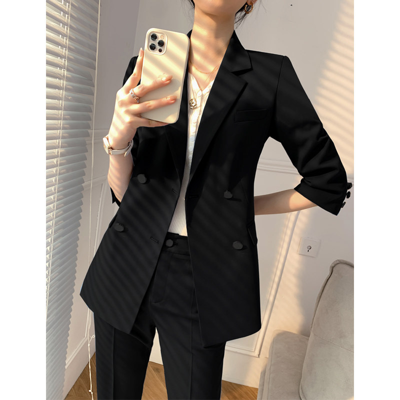 黑色西装外套女薄款时尚气质女神范夏季七分袖职业小个子西装套装