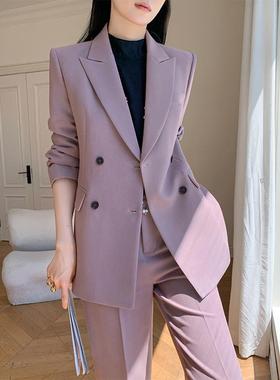 紫色休闲西装套装女2025新款春秋款高级感阔腿裤职业正装西服外套