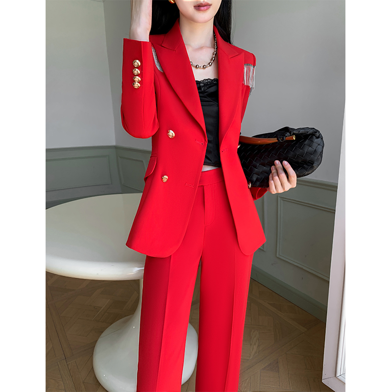 红色西装外套女气质名媛高级感设计感小众阔腿裤休闲职业西服套装