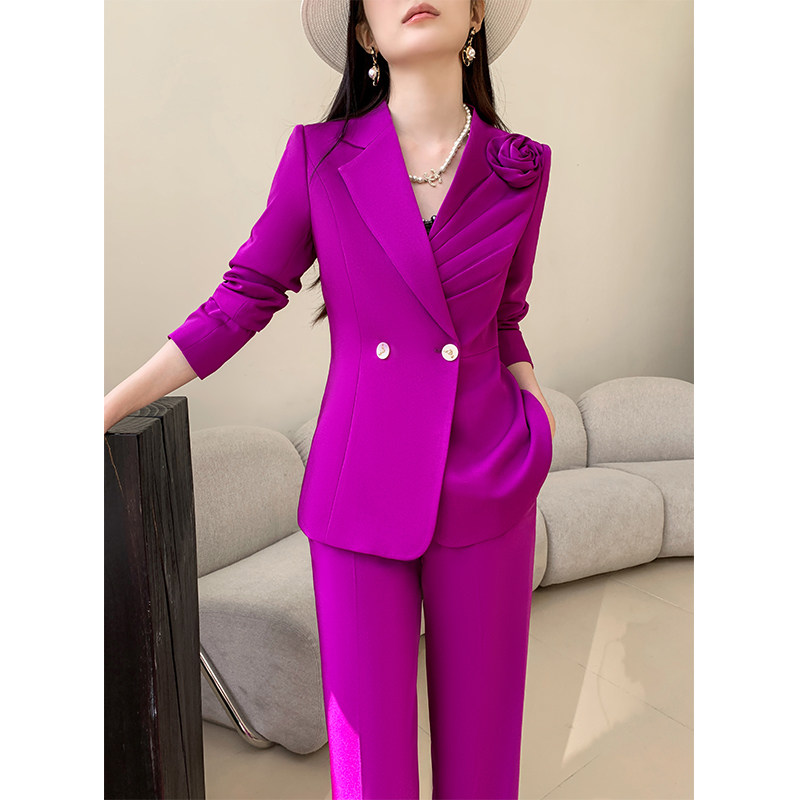 紫色西装套装女高端定制设计感小众阔腿裤职业正装休闲西服高级感