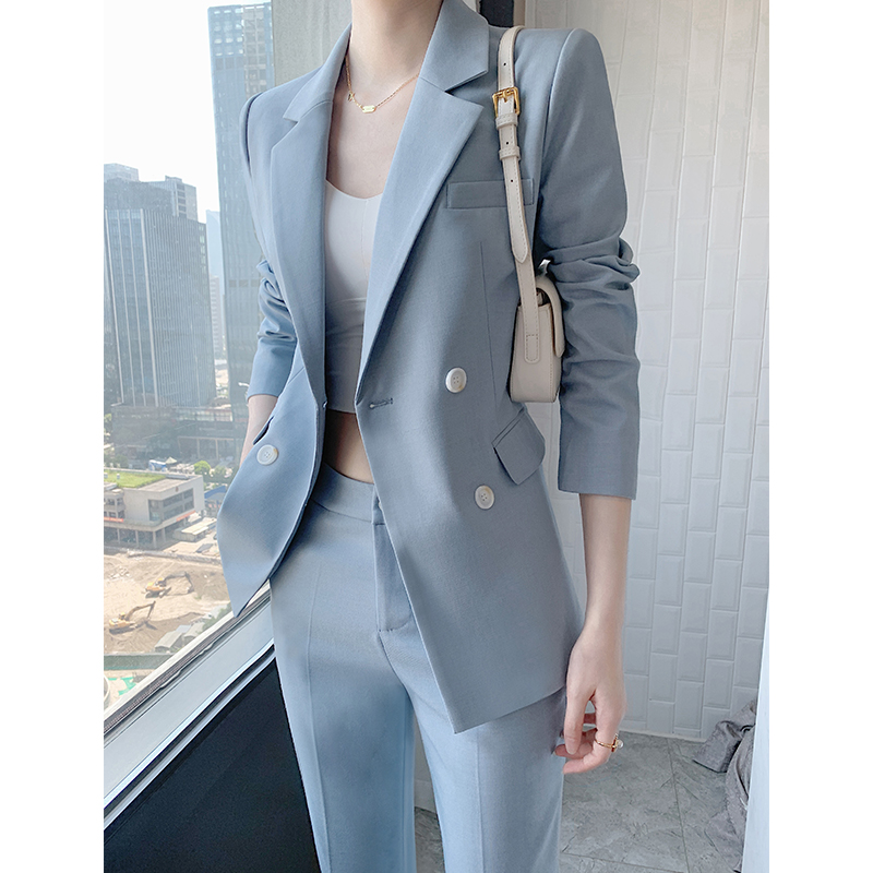 蓝色休闲西装套装女高级感春秋职业正装气质女神范小Y个子西服外