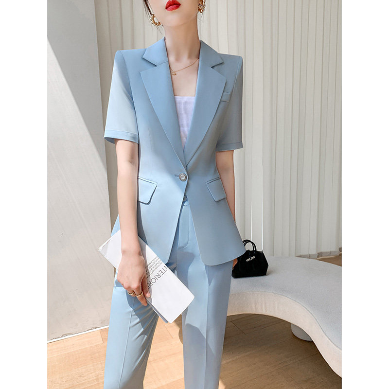 蓝色西装套装女小个子高级感夏季薄款职业高级感短袖休闲西服外套