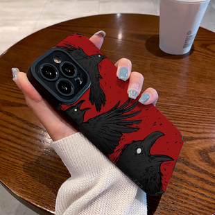适用vivo iqoo11 10 9pro手机壳iqooneo8新款 8pro防摔 7se 6 neo5活力7竞速版z5保护套小众红底彩绘黑色乌鸦