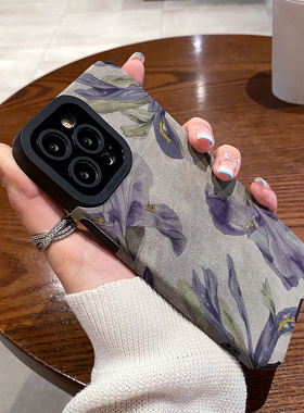 适用vivo iqoo13 11 9 pro手机壳iqooneo10/9/8/7se竞速防摔6硅胶z9turbo新款秋冬翻毛皮紫色油画花朵保护套