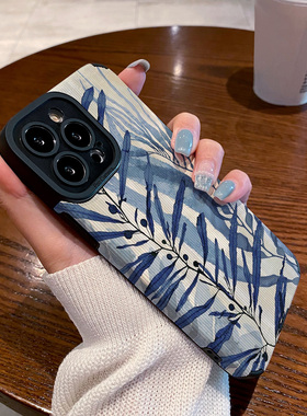 适用vivo x200手机壳x100 x90 x80 x70 x60 x50 pro手绘油画蓝色植物x200pro mini防摔硅胶皮纹高级感保护套