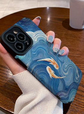 适用OPPO reno11 10 9 8 7 6 PRO+手机壳新款硅胶软reno5 14 reno8pro 7se 5G女保护套蓝色油画涂鸦鲤鱼