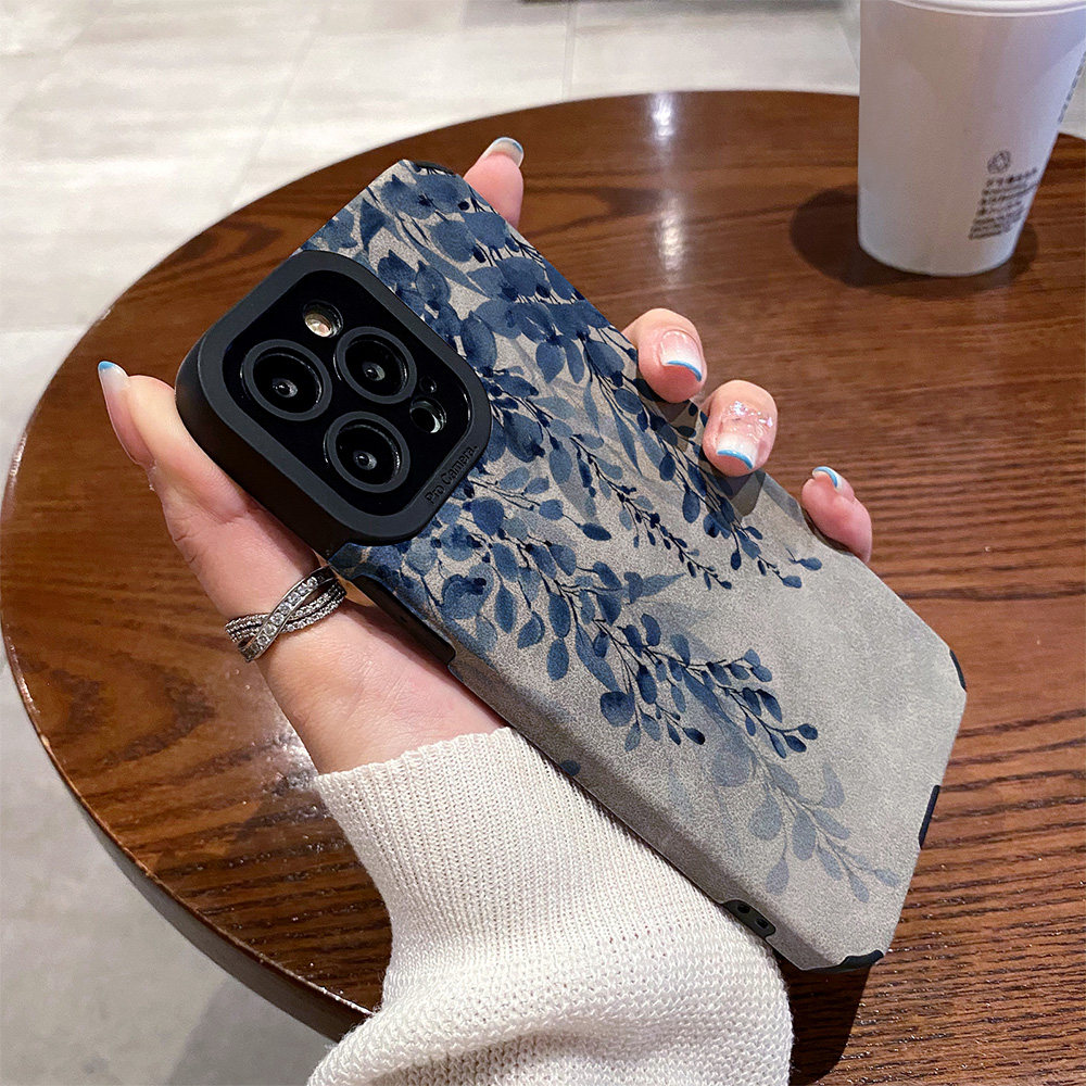适用苹果15promax手机壳iphone15硅胶16pro皮质13软18防摔新款秋冬翻毛皮蓝色水墨树叶Xsmax情侣14plus保护套
