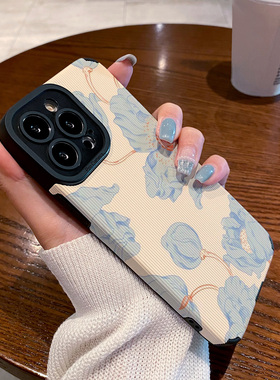 适用OPPO reno11 10 9 8 7 6 PRO+手机壳皮质软全包reno5 14 reno8pro 7se 5G女保护套清新油画涂鸦蓝色花朵