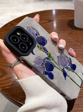 适用OPPO reno11 10 9 8 7 6 PRO+手机壳皮质软全包reno5 14 reno8pro 7se 5G女保护套翻毛皮秋冬款紫色花朵