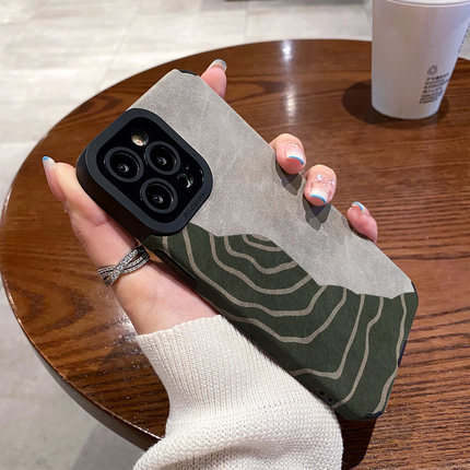 适用OPPO reno15手机壳reno14/13/12/11/10/9/8/7/6/5pro硅胶皮质防摔新款秋冬翻毛皮创意墨绿线条高级保护套